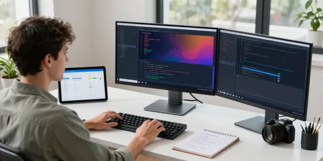 Web developer utilizing instant indexing tools in a bright tech workspace.