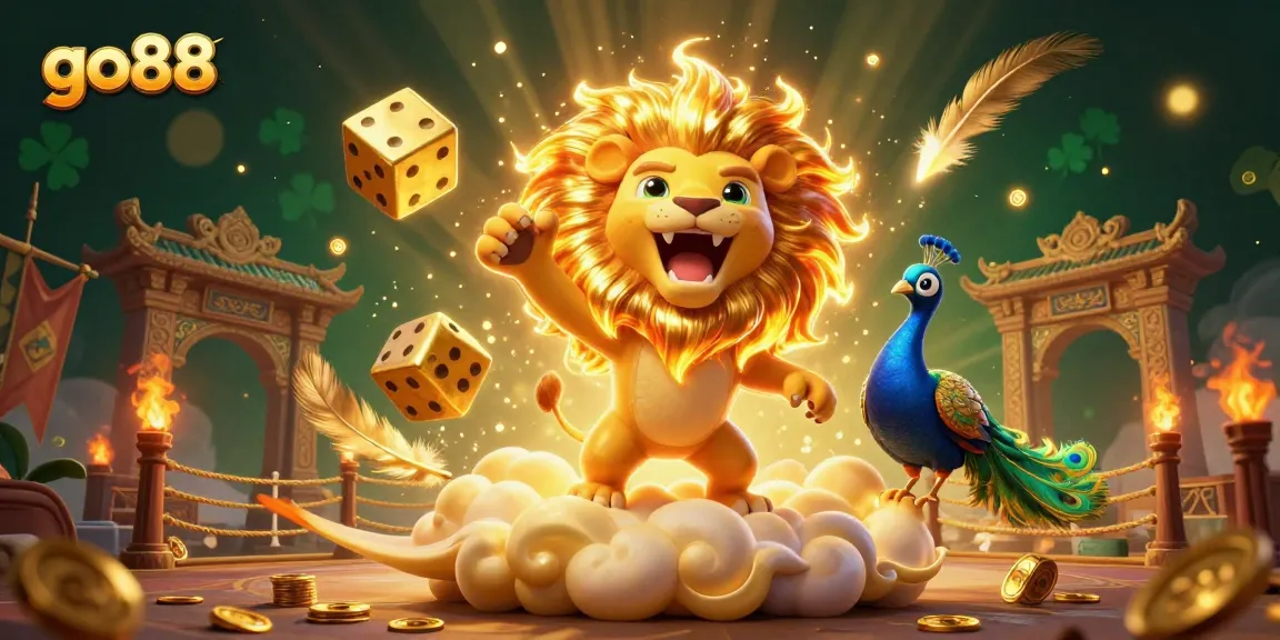 Experience thrilling gaming action with go88's vibrant 3D casino illustration, showcasing a dynamic lion and golden dice.