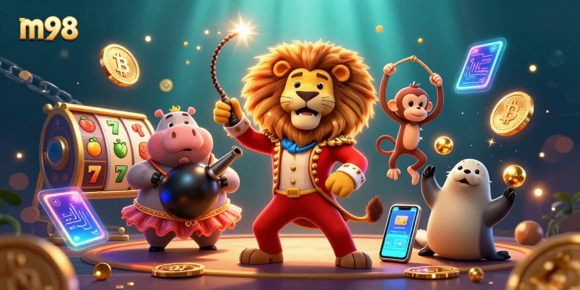 Engage in m98 slot games with a vibrant circus-themed casino scene featuring lively animal characters.