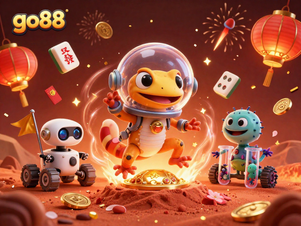 Win big at go88 with an exciting 3D casino scene featuring a Martian gecko discovering hidden treasures.