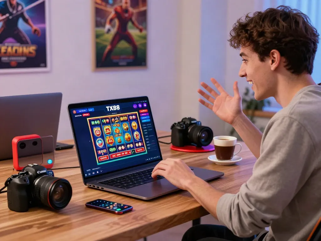 Engaging with the trang chủ tx88 gaming platform on a laptop, showcasing vibrant game interfaces and an inviting atmosphere.