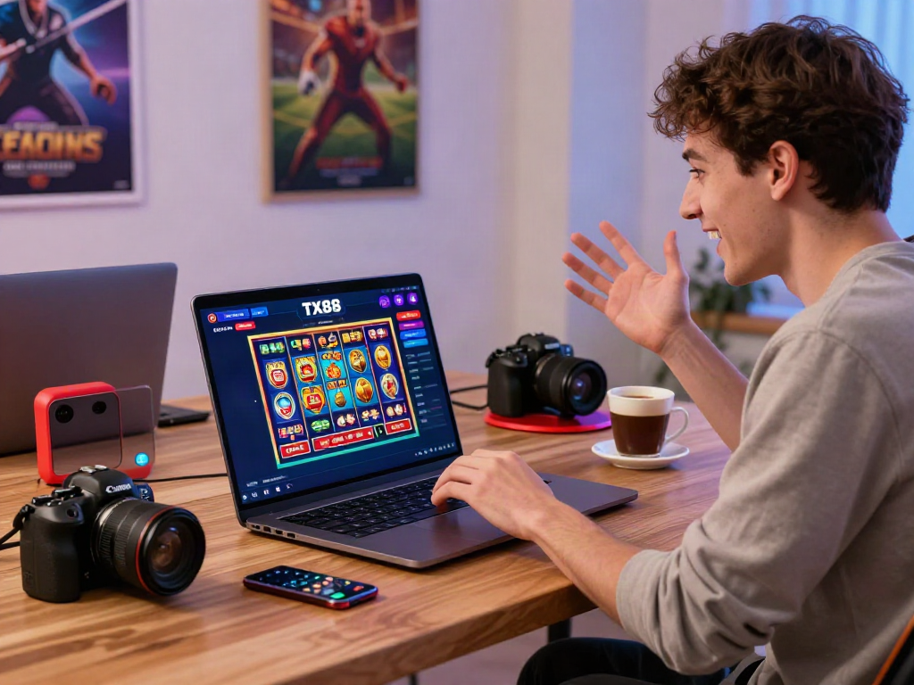 Engaging with the trang chủ tx88 gaming platform on a laptop, showcasing vibrant game interfaces and an inviting atmosphere.
