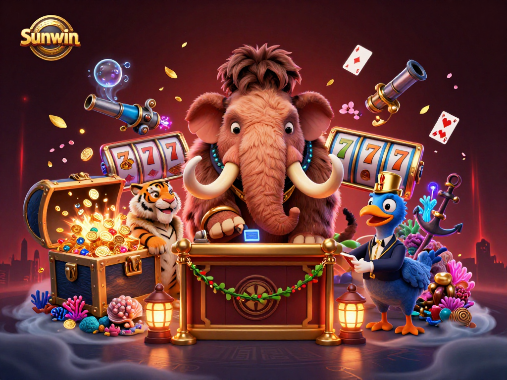 Experience the thrill of sunwin casino with a vibrant 3D scene of a woolly mammoth bouncer, saber-tooth tiger guest, and underwater treasures.