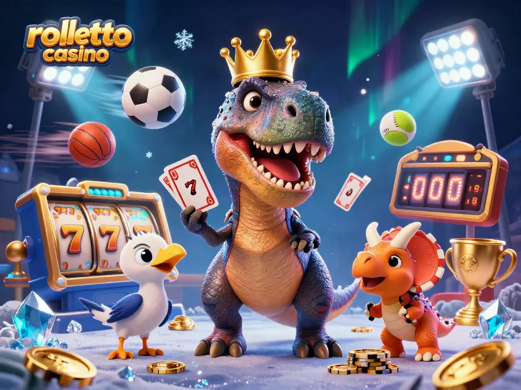 Experience the excitement of rolletto casino with friendly dinosaurs playing cards and stacking chips.