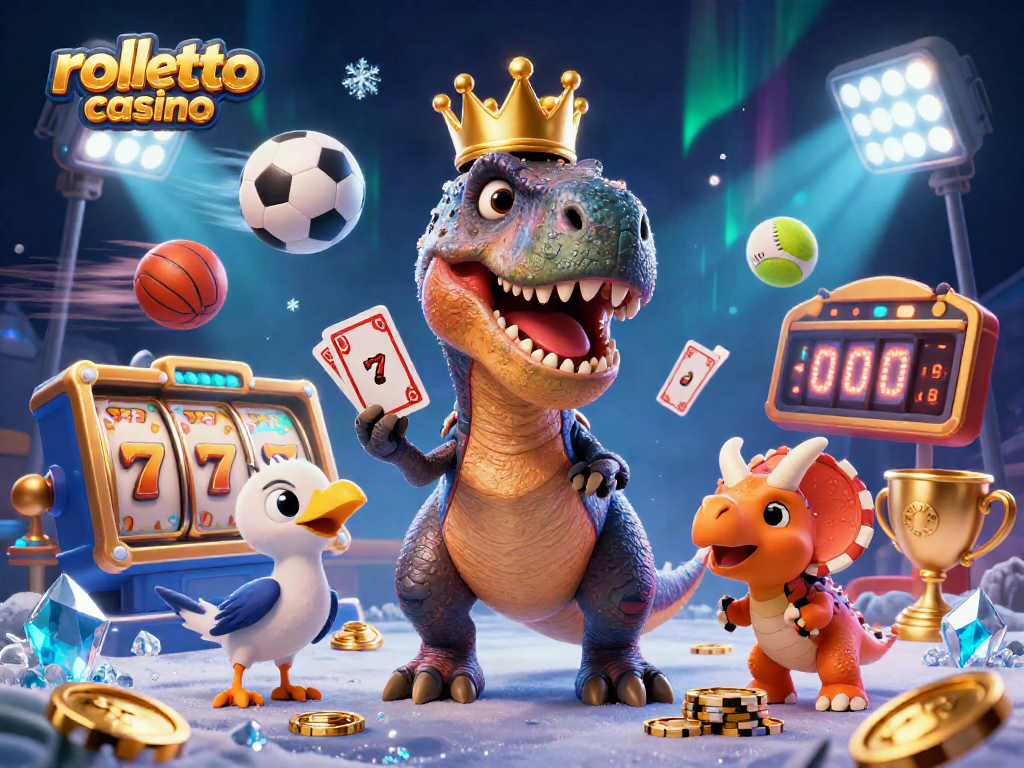 Experience the excitement of rolletto casino with friendly dinosaurs playing cards and stacking chips.