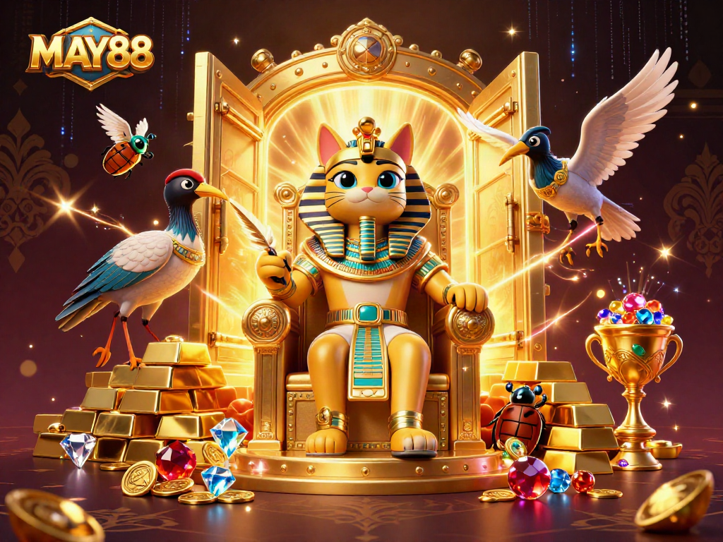 MAY88 offers exciting online gaming experiences with a pharaoh cat and glowing treasures in a vibrant casino scene.