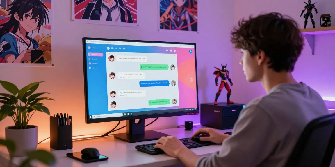 User engaging in ecchi chat with AI avatars in a lively digital workspace.