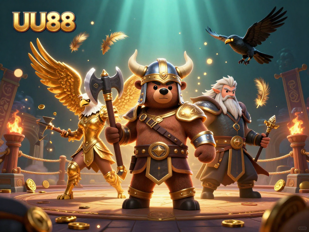 UU88 players engage in a vibrant scene with Viking and eagle characters showcasing a thrilling online gaming experience.
